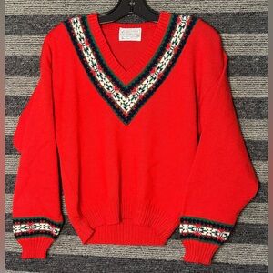 Vintage 80’s 90’s Pendleton Red Pure Virgin Wool V-Neck Sweater Medium